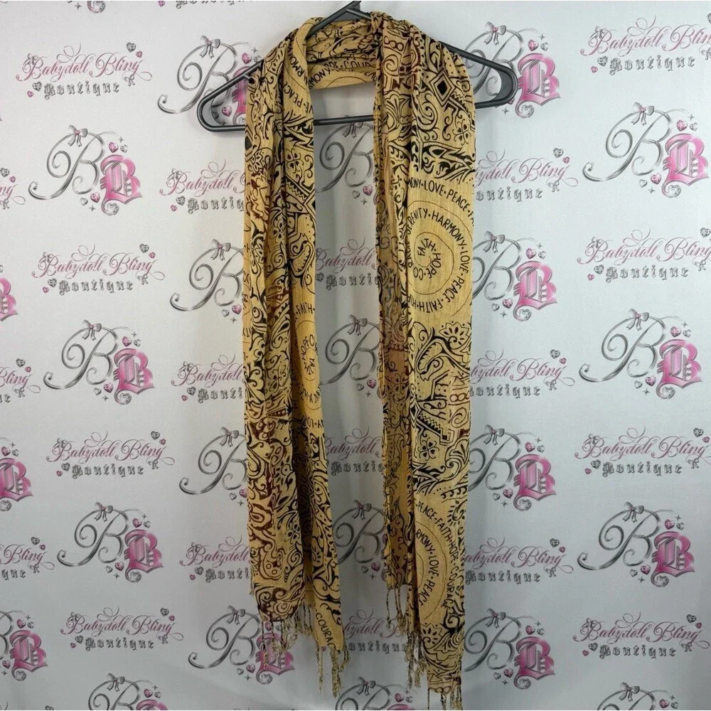 Scarf peace harmony faith love hippie boho Elegant Gold Black Patterned Scarf